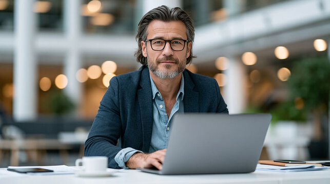 Confident Asian businessman working remotely with laptop, digital entrepreneurship, online revenue and personal finance concept, modern white office, clean composition, soft daylight, premium