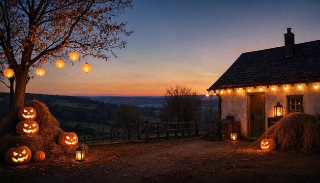 Wooden cabin on a hillside at sunset with pumpkins by the porch and forest beyond, cozy autumn escape, halloween decor, rustic retreat, fall getaway, seasonal lifestyle, Halloween.