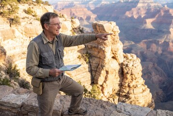 Fototapeta premium Senior man exploring grand canyon, holding map and pointing at the vast landscape