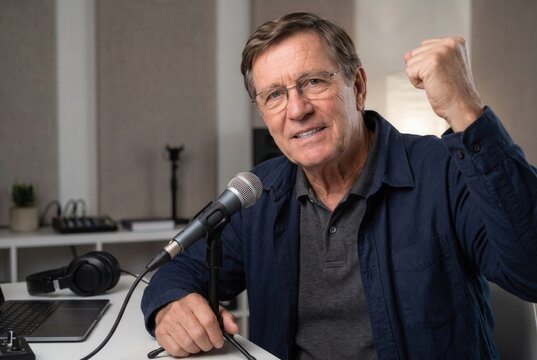 Senior man expressing triumph and motivation while recording podcast with microphone