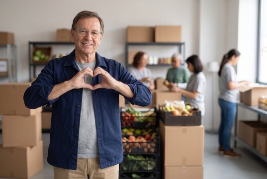 Senior man volunteering at a food bank, showing a heart gesture, surrounded by other volunteers and donations