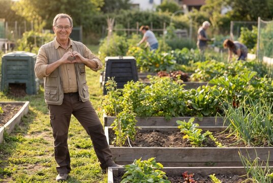 Senior man showing heart gesture, enjoying sustainable organic farming in a community garden