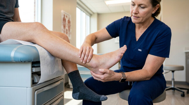 Physical therapist examining patient's foot and ankle during examination