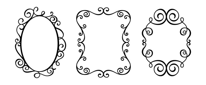 Vector elegant ornamental flourish frame with decorative swirls and curly line art. Vintage trendy hand drawn border in outline style, perfect for wedding invitations