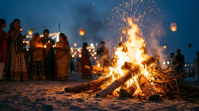 Traditional bonfire gathering at night with glowing embers, gathering