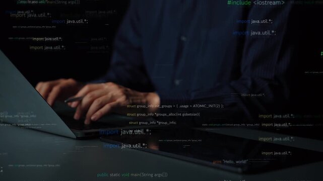 A programmer uses a tablet for coding, surrounded by floating lines of programming text. This image symbolizes innovation in digital technology and modern software development processes. Xenic