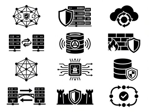 Cybersecurity icon set with 12 black vector symbols. Data protection and network server security icons. Cloud computing and firewall graphics.