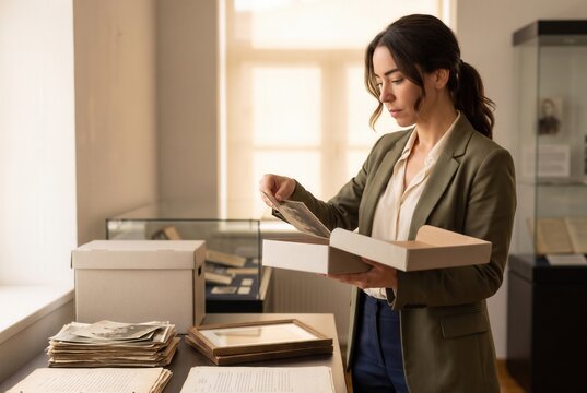 Woman curating old photographs and papers, researching history in a museum archive