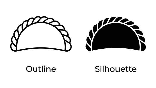 Empanada Icon: A clean, minimalist representation of an empanada, showing both an outline and a silhouette for versatile design application.