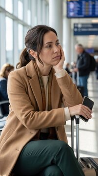Woman sitting in an airport departure lounge feeling bored during a travel delay