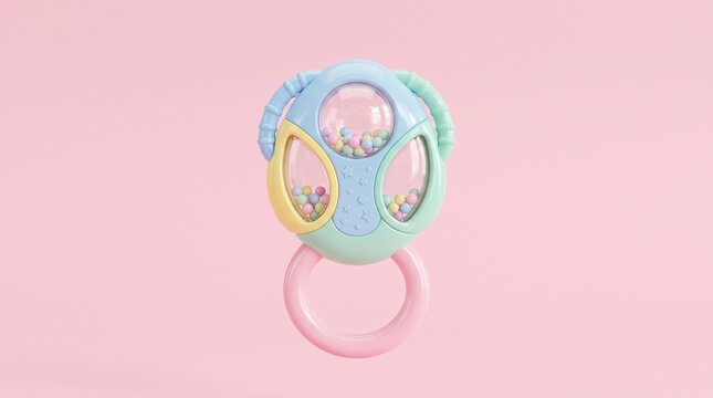 Colorful baby rattle on pink background for infant toy advertising