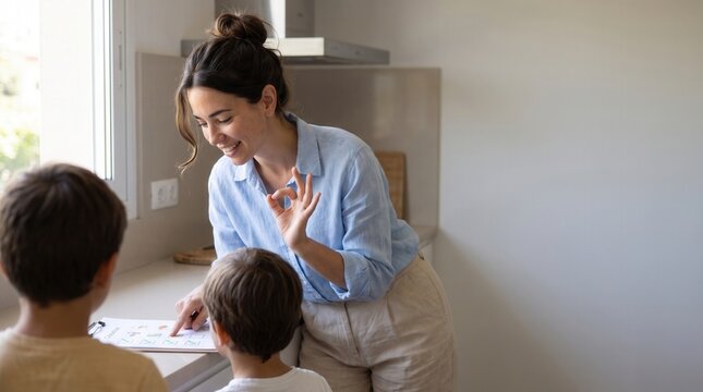 Mother and sons learning about responsibility and teamwork using a chore chart in the kitchen