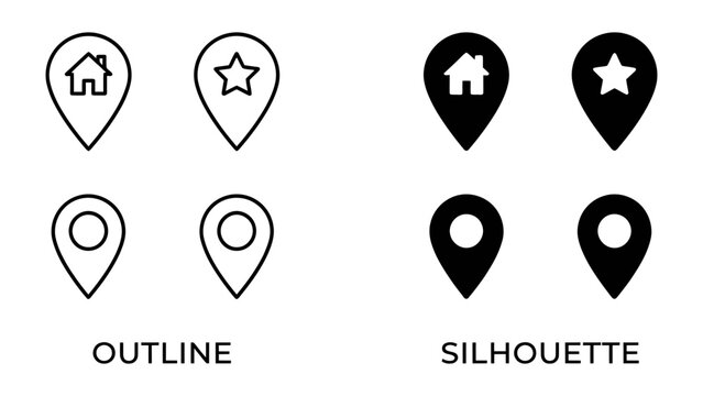 Location Pin Icons: A set of four location pin icons presented in both outline and silhouette styles, featuring home, star, and generic map marker designs.