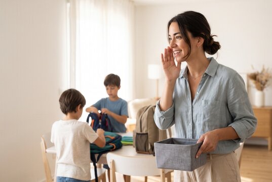 Mother holding a basket, calling young sons packing backpacks for school