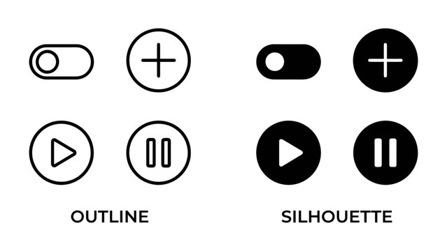 Outline and Silhouette Icons: A collection of common interface icons, including a toggle switch, add button, play symbol, and pause symbol, presented in both outline and silhouette styles.