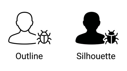 Fototapeta premium Bug Icon, Outline and Silhouette: Two distinct icons representing a person with a bug symbol, one in outline and the other in silhouette form, symbolizing data errors or software issues.