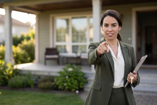 Professional woman pointing a finger, holding keys and documents in front of a house