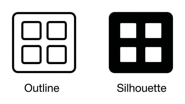 Square Grid Outline and Silhouette Icons: A visual representation comparing an outline icon of a square grid with four squares to a solid black silhouette icon of the same grid.
