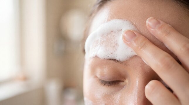 A close-up of a woman applying white facial cleansing foam to her forehead with her ad social media download thambnail poster web template event festival 2026 2027 2028