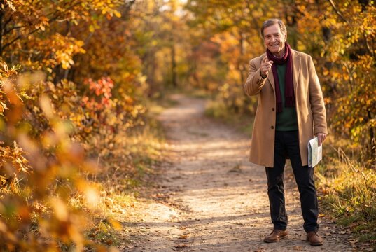 Smiling man pointing finger while walking on a path in the autumn forest