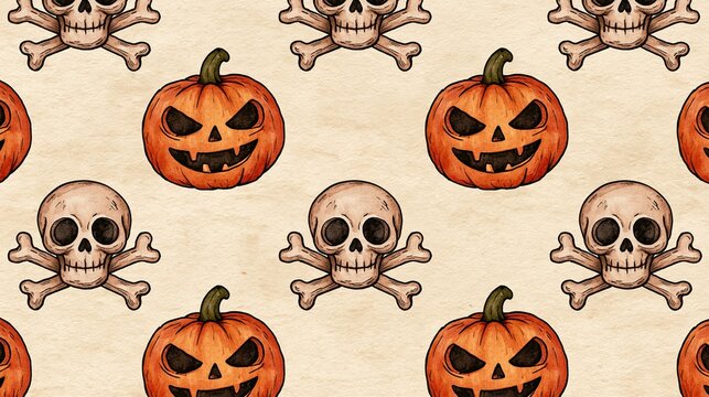Hand drawn seamless repeating Halloween pattern with evil carved pumpkins and skull crossbones on textured beige paper background perfect for festive holiday design projects