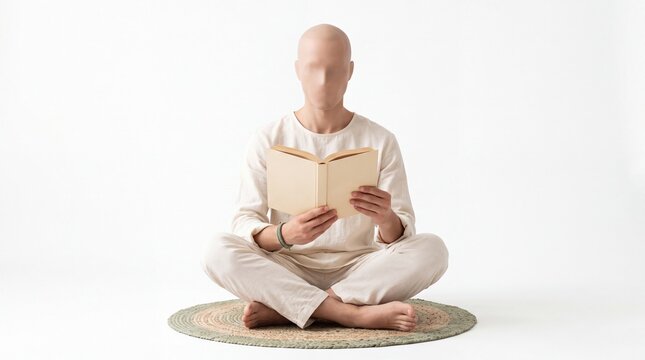 Faceless person in beige sweater sitting on floor cushion reading open book, cozy autumn mindfulness lifestyle stock photo isolated on clean white background