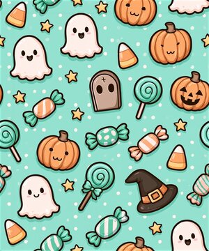 Cute kawaii seamless repeating Halloween pattern with friendly ghosts smiling pumpkins assorted candies witch hats and tombstones on mint green polka dot background
