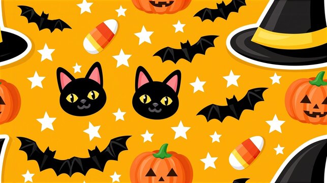 Bright flat design seamless repeating Halloween pattern with black cat heads flying bats carved pumpkins candy corns witch hats and white stars on solid orange background