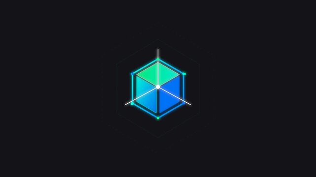 A glowing hexagonal cube symbol sits centered against a dark background, ideal for technology design and abstract visual templates.