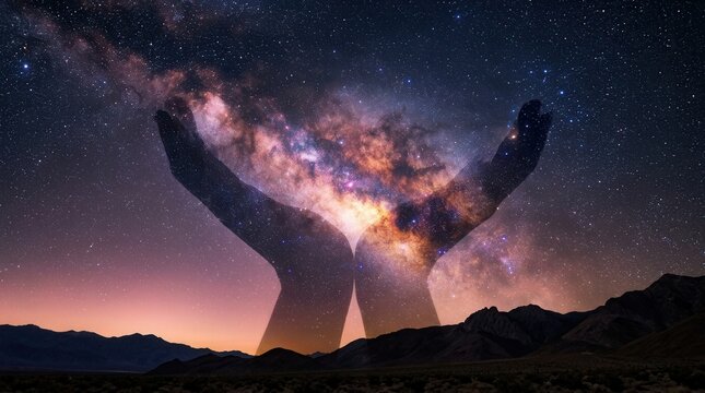 A concept of infinite mystery and human curiosity featuring a cosmic galaxy within a silhouette of hands.