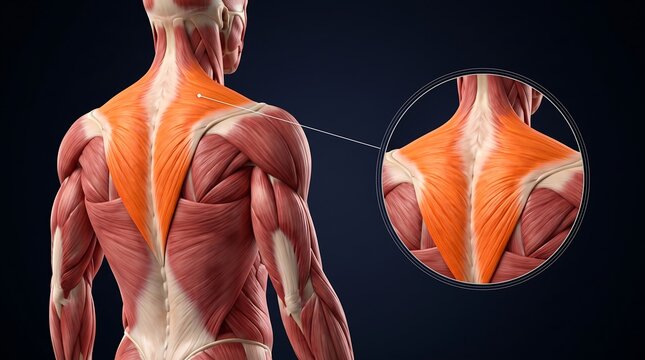 Detailed anatomical illustration of human back muscles, focusing on the trapezius and neck region.
