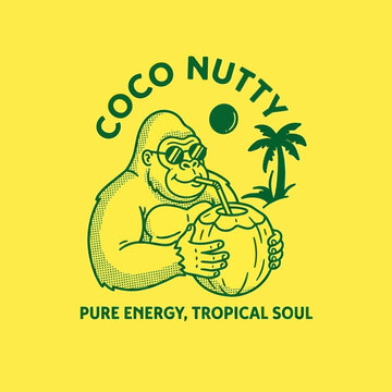 Gorilla sunglasses drinking coconut tropical beach vacation logo design.