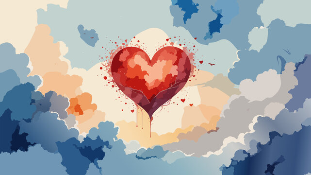 Love heart blooming in colorful watercolor clouds