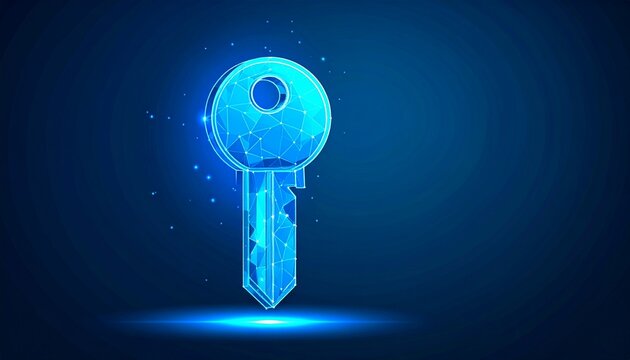 Futuristic glowing low polygonal door key isolated on dark blue background.