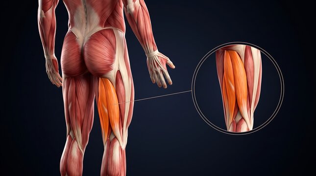 Anatomical illustration of the human leg muscles, highlighting the hamstring group and biceps femoris with a magnified view.