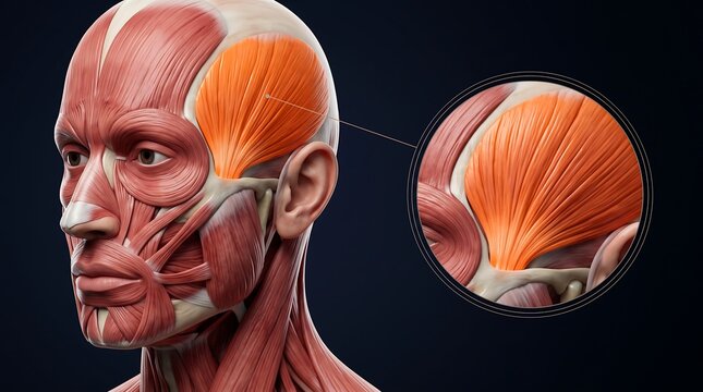 Detailed anatomical illustration of the human head and neck muscles, highlighting the temporalis muscle with a magnified view.