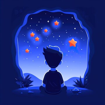 Boy looking at glowing night stars