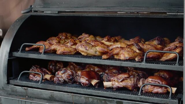 People enjoy grilled chicken and pork knuckle at a street food festival in Bukovina. The aroma and flavors attract many visitors who savor the dishes.