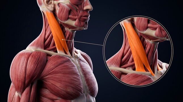 3D anatomical illustration of the human neck and upper torso, highlighting the sternocleidomastoid muscle with a magnified inset for detailed viewing.