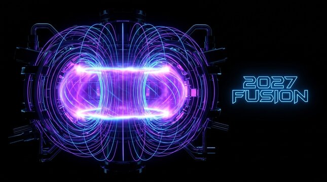 Futuristic nuclear fusion tokamak reactor with glowing purple plasma ring and blue magnetic field lines on black background, symbolizing clean energy technology