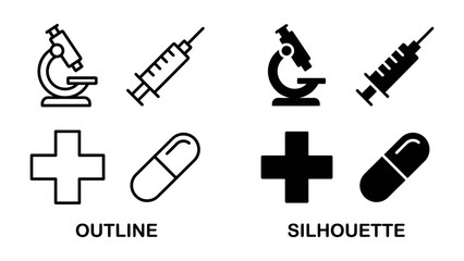 Naklejka premium Medical Icons: A collection of simplified outline and silhouette icons representing medical and scientific concepts, including a microscope, syringe, cross symbol, and pill capsule.