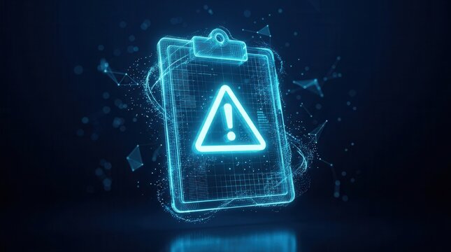 A glowing warning icon on a digital clipboard concept for potential problem and safety hazard.