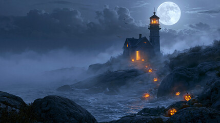 Fototapeta premium Spooky lighthouse standing on a rocky cliff shore illuminated by glowing jack o lanterns at night