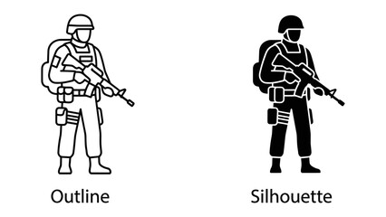 Naklejka premium Soldier Silhouette and Outline: Two depictions of a soldier, one in outline and the other a black silhouette, both equipped with a rifle and tactical gear.