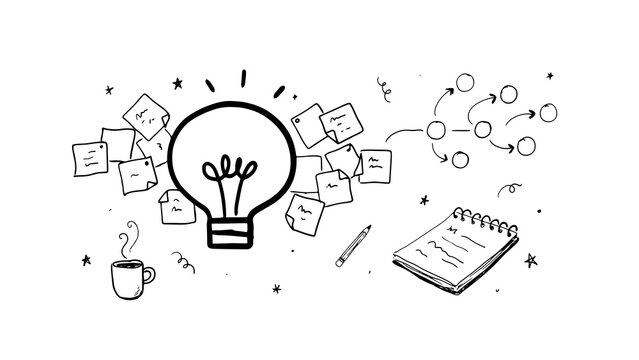 Hand-drawn lightbulb idea concept, creative brainstorming sketch with sticky notes and coffee, business innovation doodle