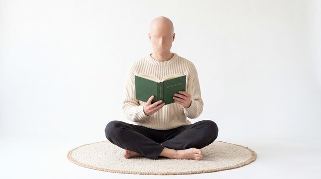 Faceless young adult sitting cross legged on round mat reading green book, quiet peaceful study relaxation studio stock photo isolated on clean white background