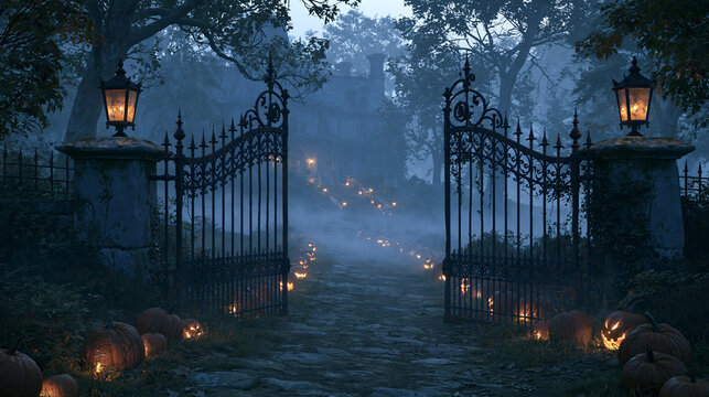 Spooky wrought iron gate entrance decorated with glowing jack-o-lanterns leading towards a mysterious haunted victorian mansion