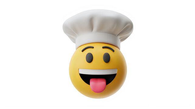 Funny yellow emoji face wearing a white chef hat with tongue out isolated on transparent background