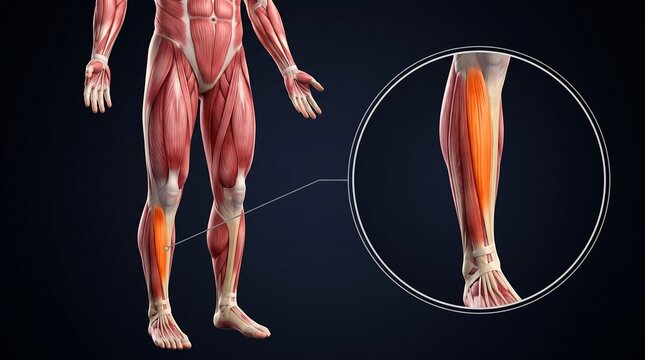Anatomical illustration of the human leg muscles, with a magnified view highlighting the calf muscle.