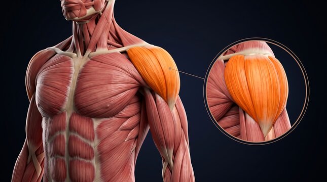 Detailed anatomical illustration of the human shoulder and deltoid muscle, with a magnified view of the muscle structure.